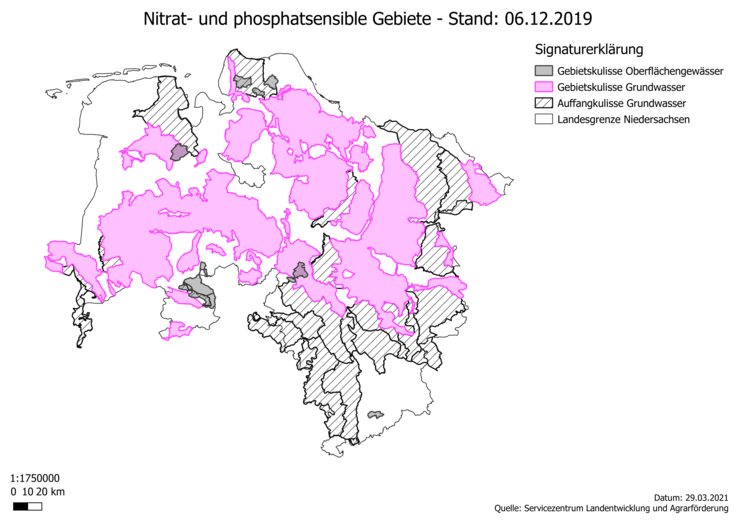 Eine Karte Niedersachsens, die die Gebietskulisse und Auffangkulissen darstellt. Der größte Teil Niedersachsens wird dabei von der Gebietskulisse Grundwasser bedeckt.