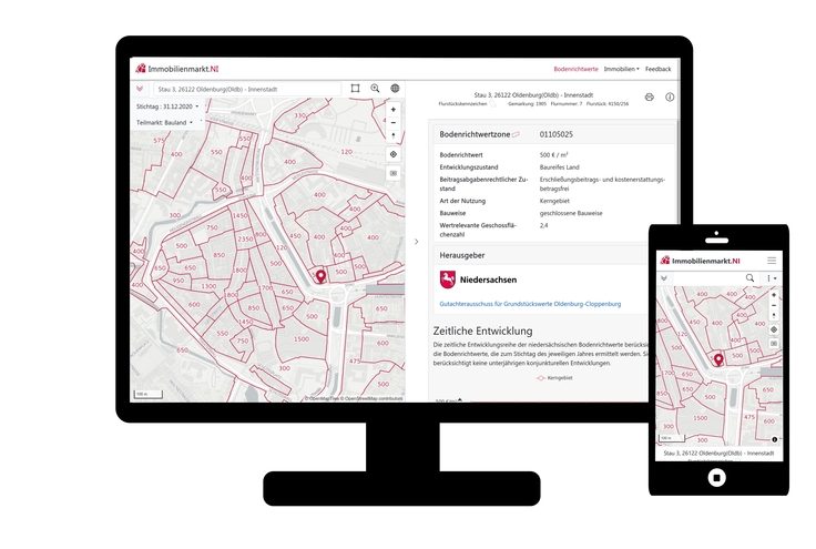 Die Seite immobilienmarkt.niedersachsen.de/bodenrichtwerte geöffnet auf einen Desktop und einem Smartphone.