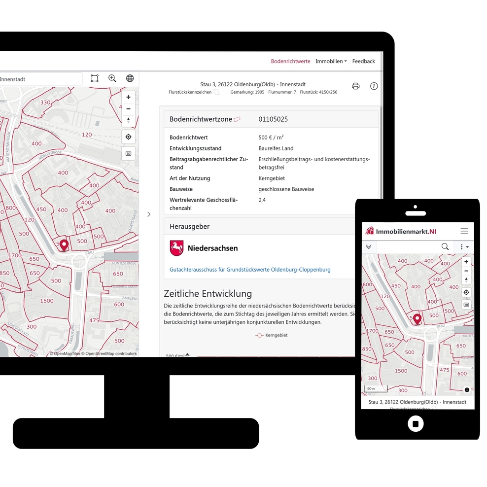 Die Seite immobilienmarkt.niedersachsen.de/bodenrichtwerte geöffnet auf einen Desktop und einem Smartphone.