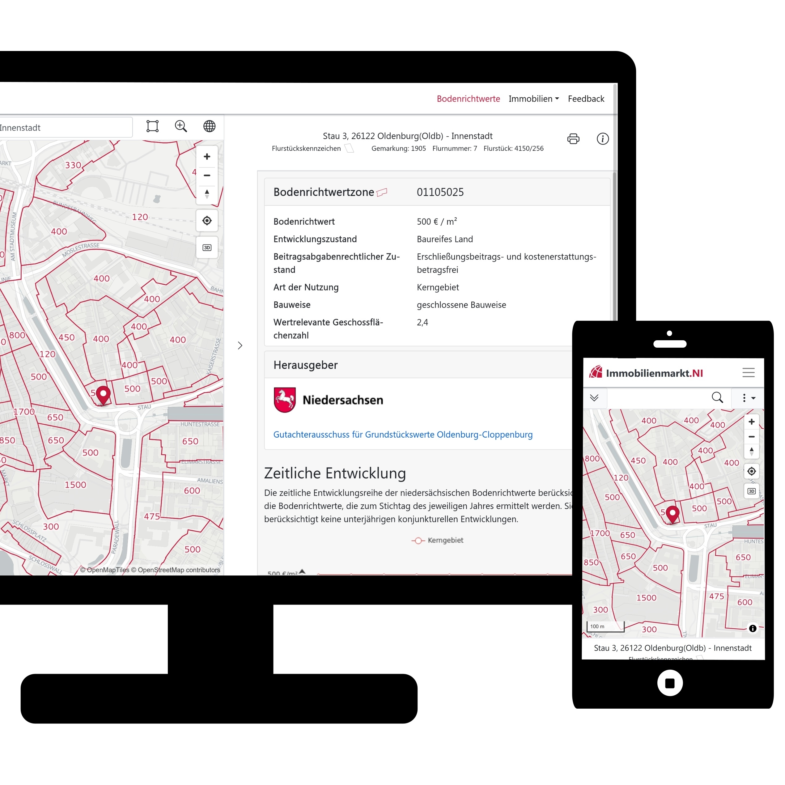 Die Seite immobilienmarkt.niedersachsen.de/bodenrichtwerte geöffnet auf einen Desktop und einem Smartphone.